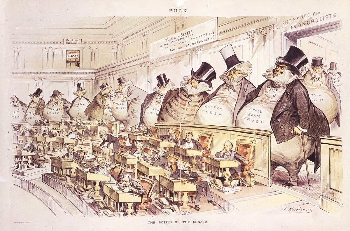Color cartoon showing giant money-bag figures of the trusts looming over a small Senate chamber