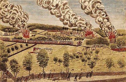 Engraving of a village with British soldiers marching away in rows, buildings burning in the distance, and militia firing from behind walls