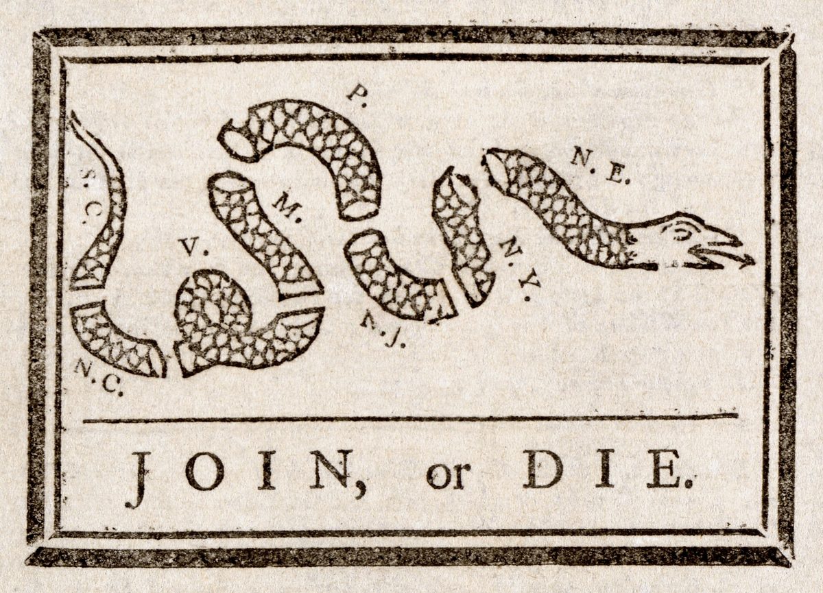 Woodcut of a snake cut into eight pieces, each piece labeled with the initials of a colony or region, with the words JOIN or DIE beneath