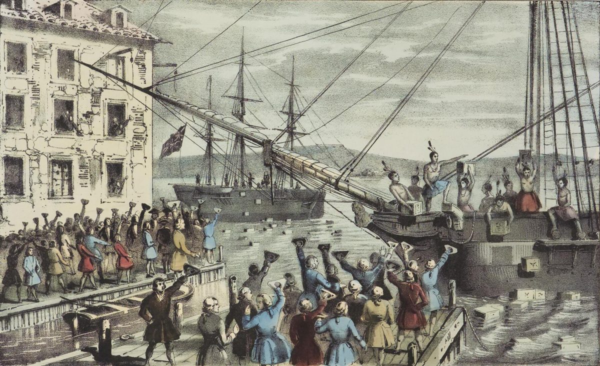 Lithograph of men on the deck of a ship throwing chests of tea over the side while a crowd watches from the wharf