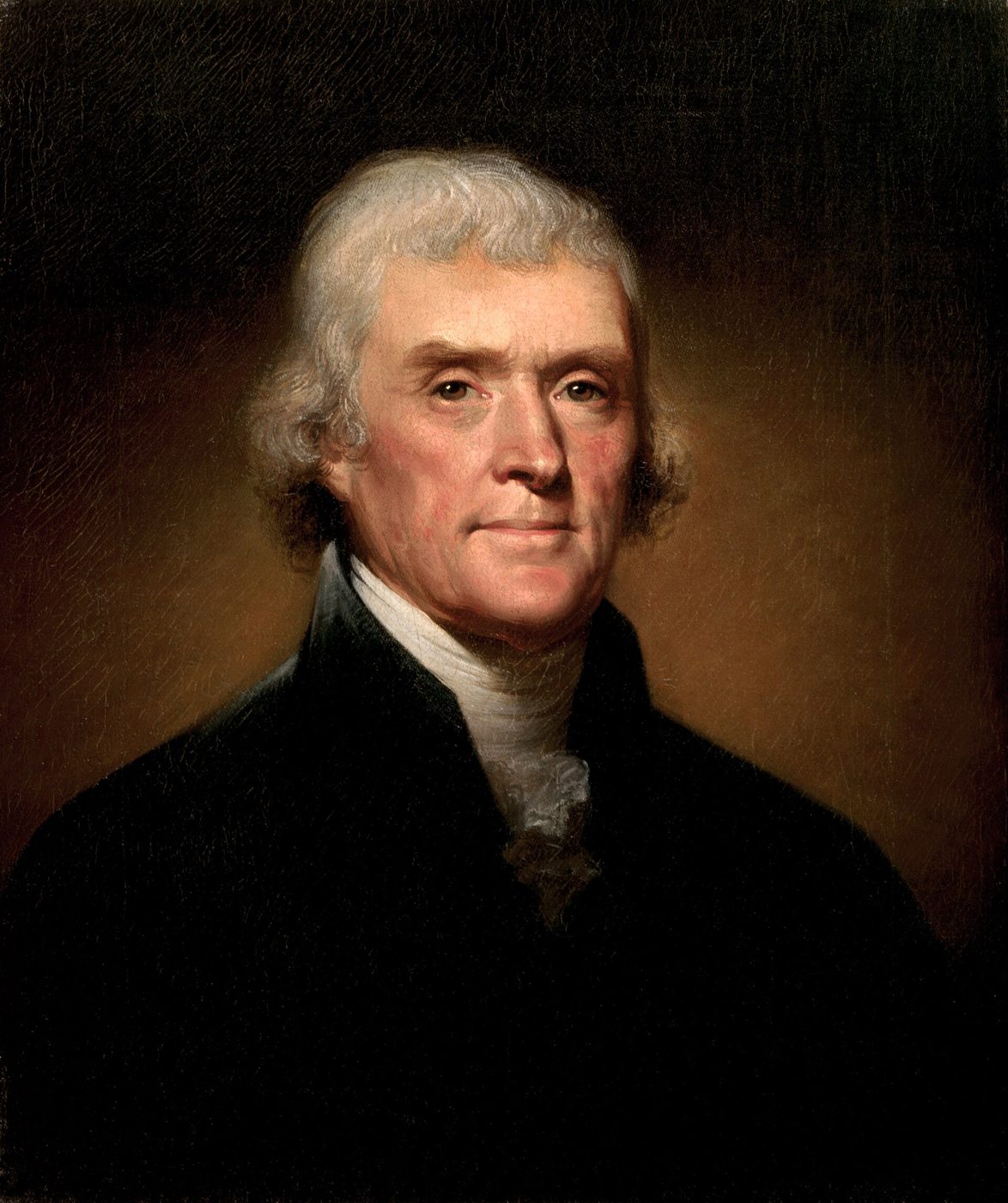 Portrait of Thomas Jefferson in a dark coat with white cravat, by Rembrandt Peale