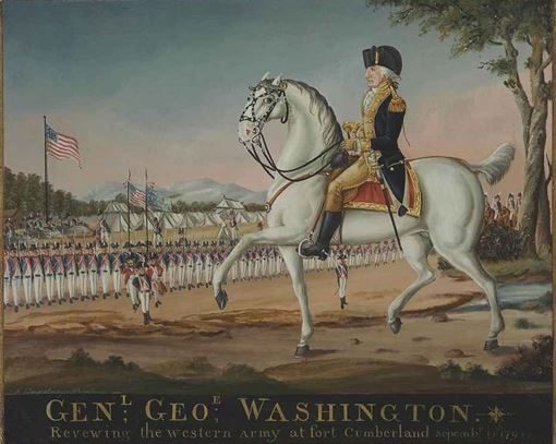 Painting of Washington on horseback reviewing militia troops with tents and flags