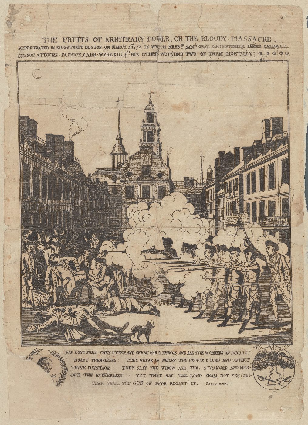 Engraving of British soldiers firing in a line into a crowd on a Boston street, with bodies on the snow