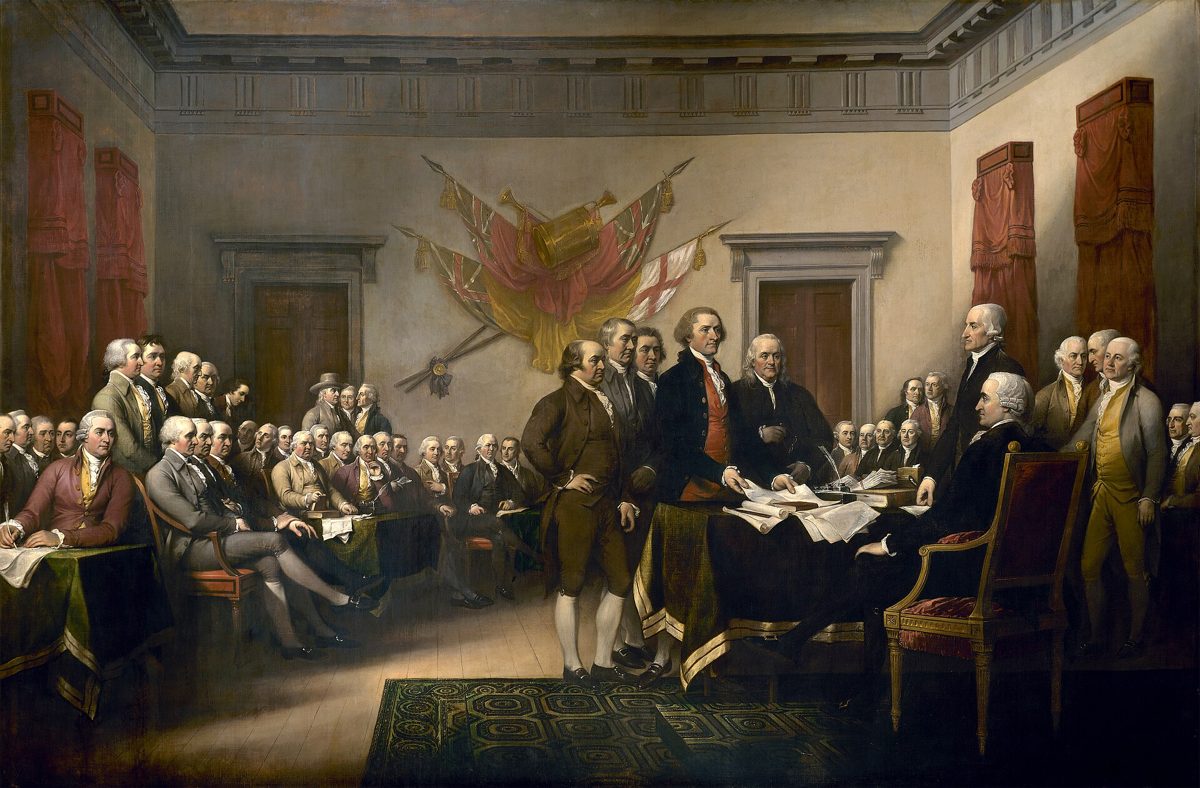 Painting of a large room in which five men stand before a seated president while delegates in two groups look on