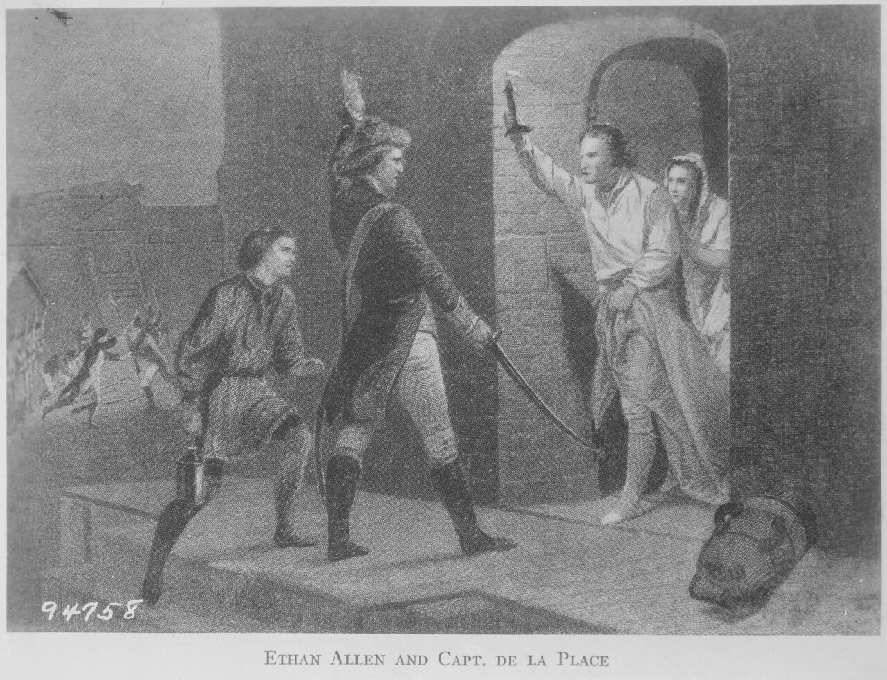 Engraving of Ethan Allen on a barracks stair with his sword raised, facing a British officer who holds his breeches in one hand