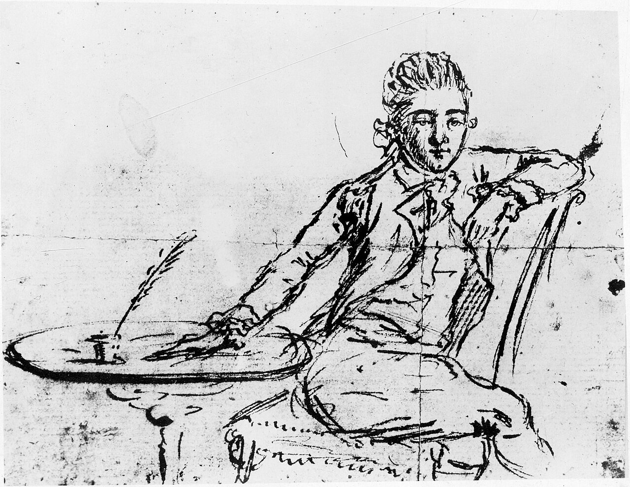 Pen and ink sketch of a seated young man in uniform, drawn by himself in a guard room