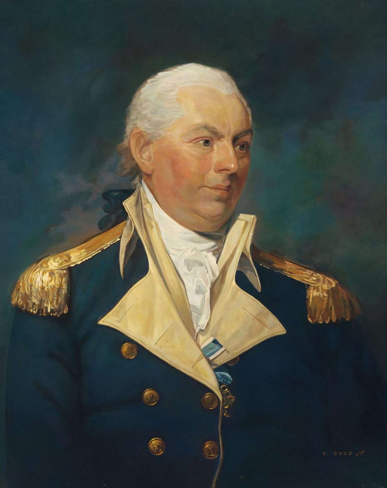 Painted portrait of John Barry in a dark naval uniform with gold buttons, seen from the chest up