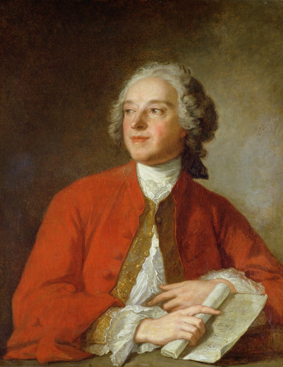 Portrait of Pierre-Augustin Caron de Beaumarchais as a young man in a red coat and white wig, holding a sheet of music