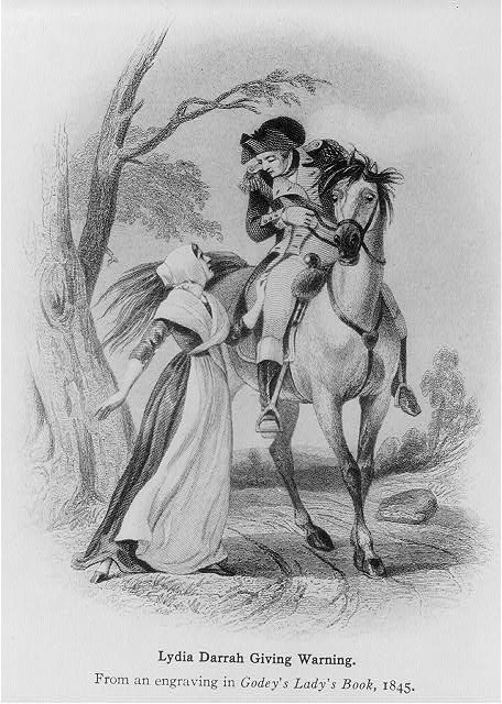Nineteenth-century engraving of a woman in Quaker dress speaking to a Continental officer on horseback