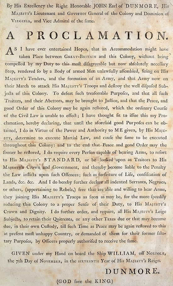 Printed broadside of Lord Dunmore's Proclamation, dated November 7, 1775, in dense columns of type
