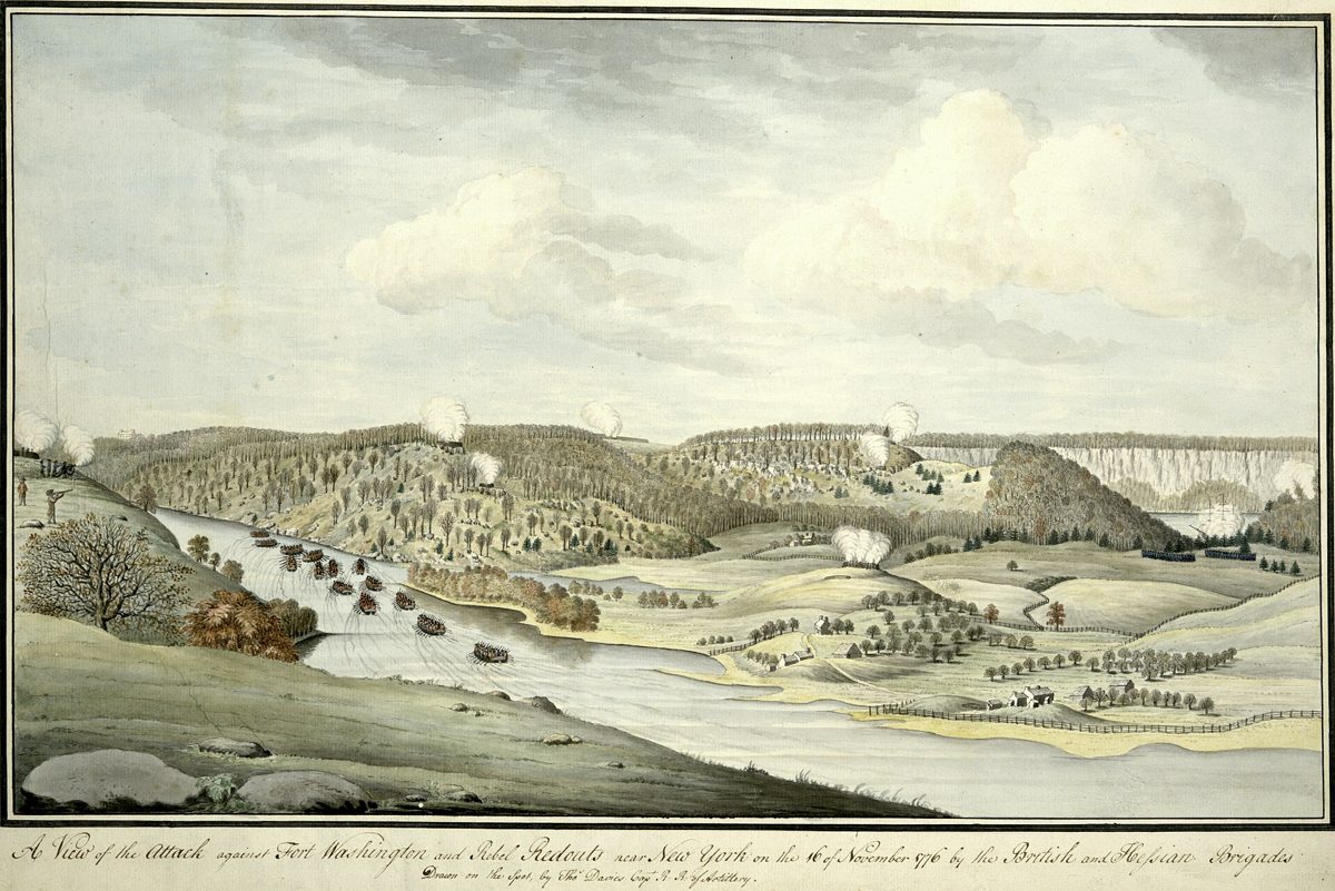 Period print of British and Hessian columns attacking an earthwork fort above the Hudson River, with ships in the river below