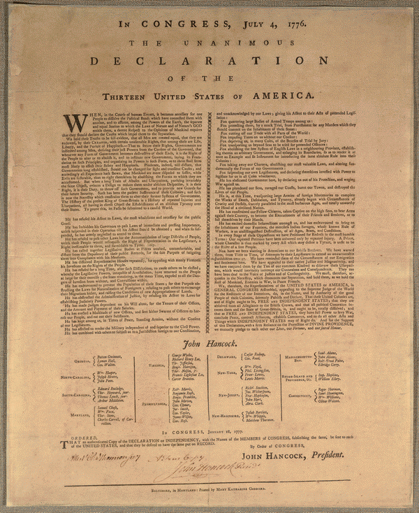 Large printed broadside of the Declaration of Independence in two columns with signers' names in columns below