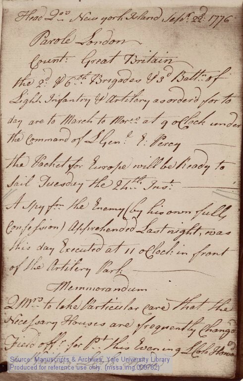 A handwritten page from a British orderly book of 1776 recording the execution of Nathan Hale as a spy