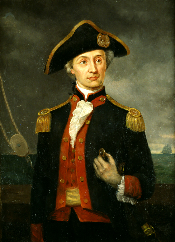 Oil portrait of John Paul Jones in a dark naval coat with a medal at the neck, looking to the viewer's left