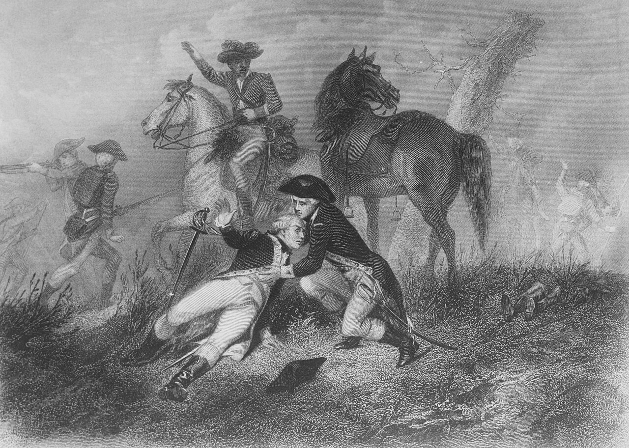 Nineteenth-century engraving of the wounded Lafayette being helped at the battle of Brandywine