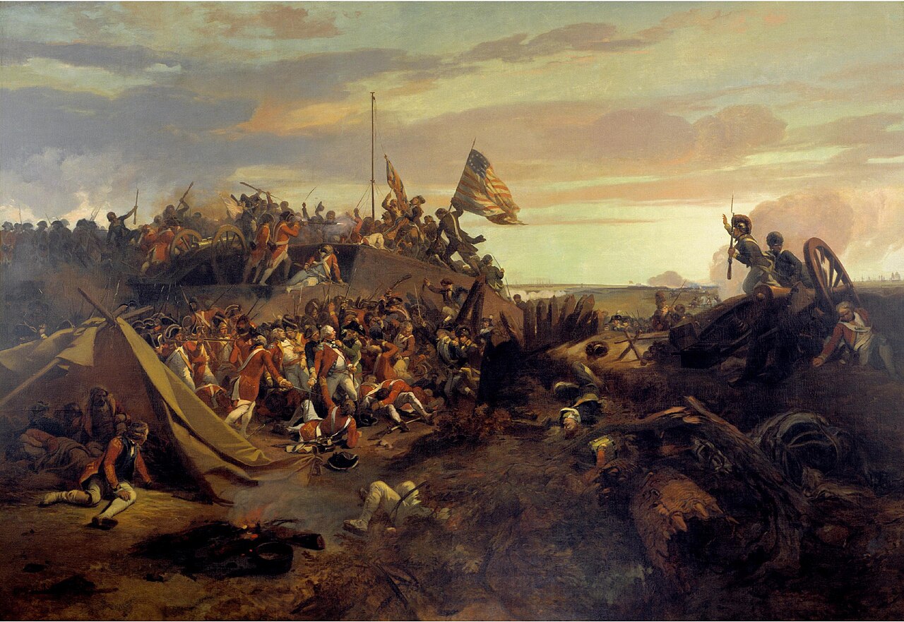 Painting of American soldiers storming an earthwork at dusk, with the Stars and Stripes planted on the parapet and British redcoats giving way around a cannon