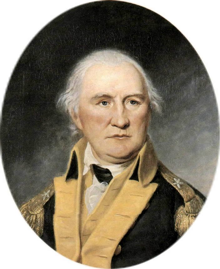 Portrait of Daniel Morgan in a general's coat with a stern, heavy-jawed face