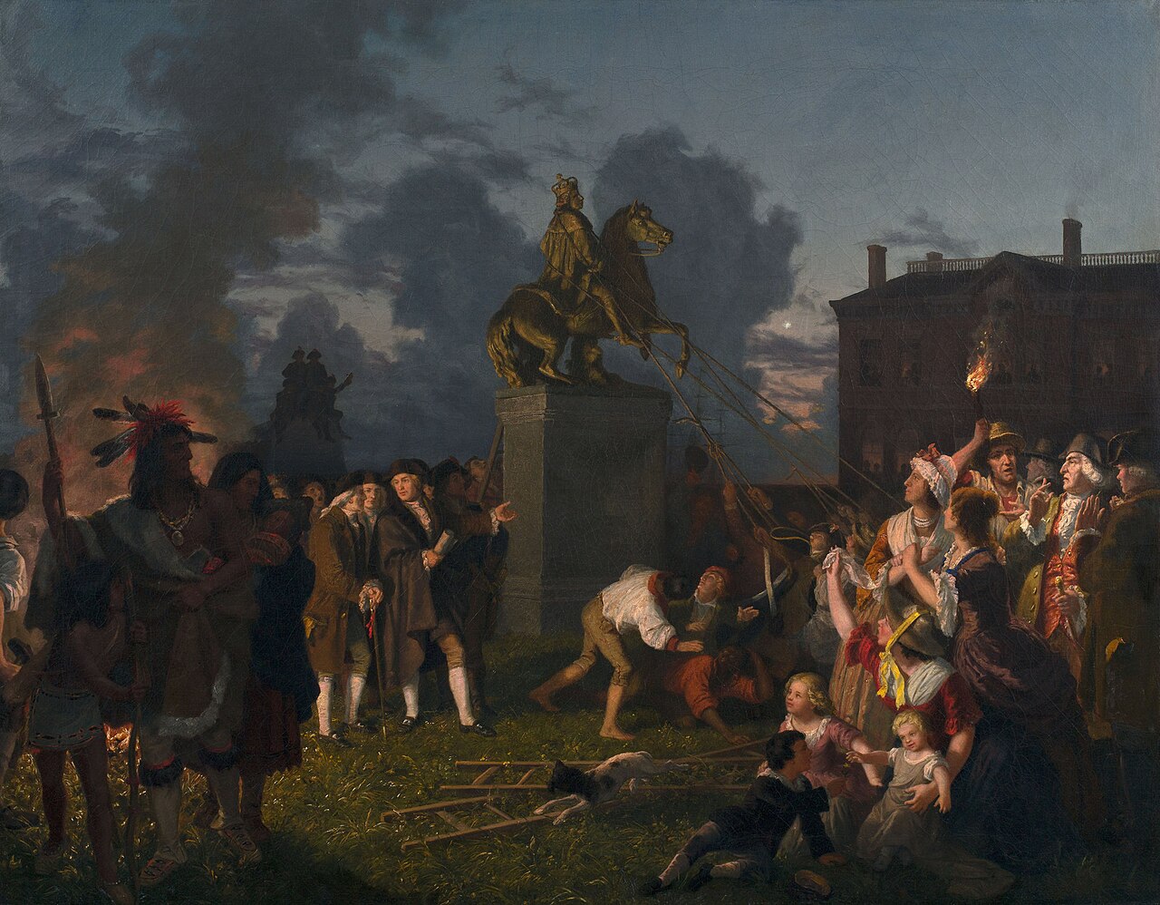 Painting of a crowd of New Yorkers pulling down a gilded statue of King George III on horseback at Bowling Green
