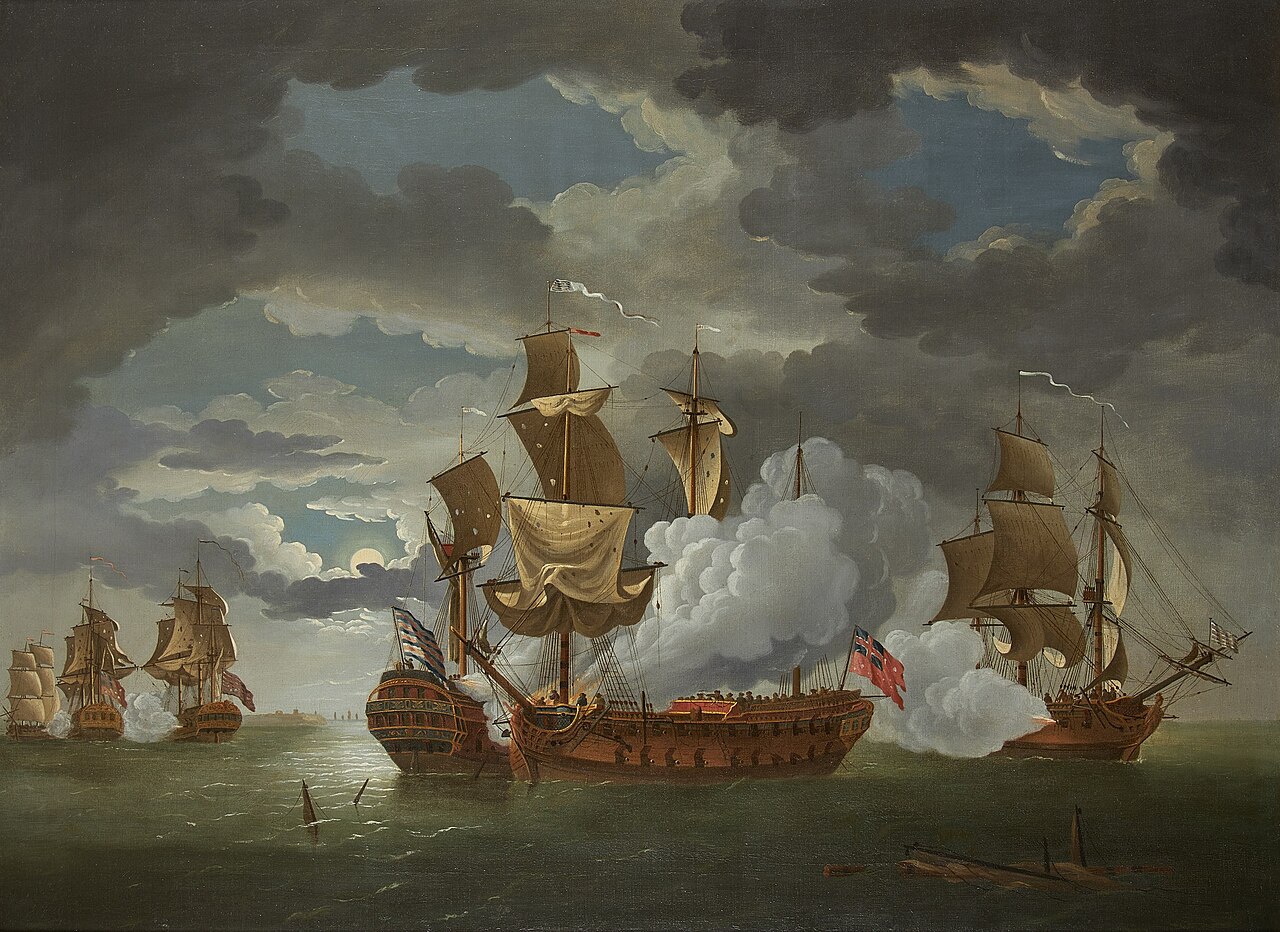 Painting of two sailing warships locked together at night with gun flashes, a third ship nearby, and a calm sea under a moon