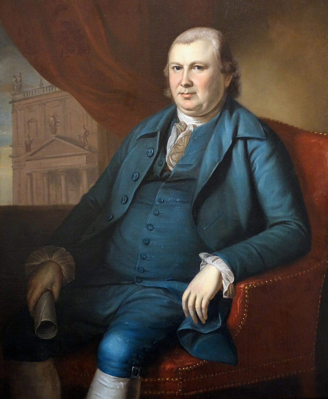 Portrait of Robert Morris, a heavyset man in a dark coat with powdered hair, seated at a desk