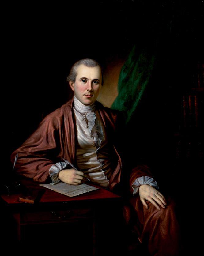 Oil portrait of Benjamin Rush in dark clothing, painted by Charles Willson Peale in 1783