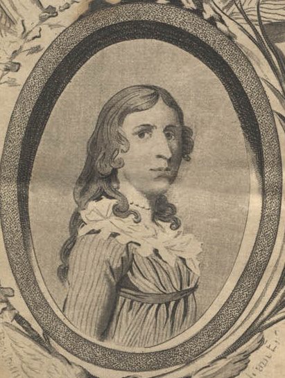 Engraved portrait of Deborah Sampson as a young woman with her hair pinned up, wearing a plain dress