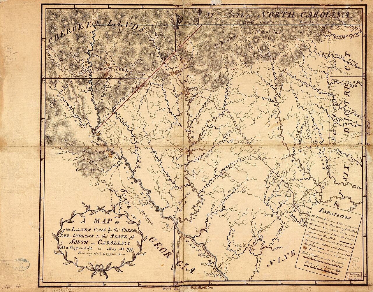 Hand-drawn 1777 map of the lands in western South Carolina that the Cherokee ceded to the state