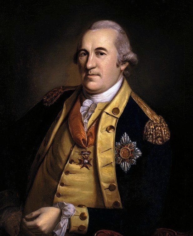 Portrait of Baron von Steuben in a dark blue uniform with a star on his coat