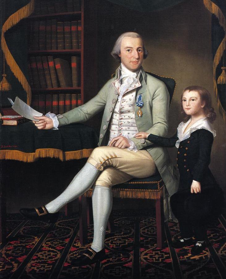 Oil portrait of Benjamin Tallmadge in a Continental officer's coat, painted in 1790 with his young son beside him