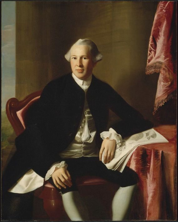 Half-length portrait of a young man in a blue coat with a powdered wig, seated with one hand resting on papers