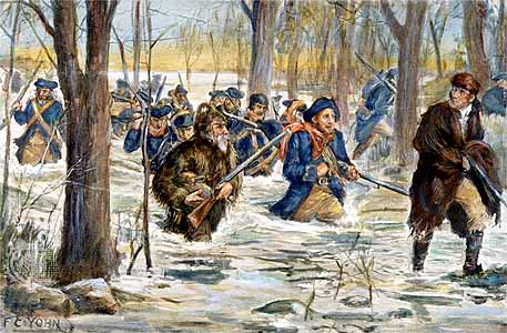 Illustration of Clark's men wading through flooded woods and water toward Vincennes in February 1779