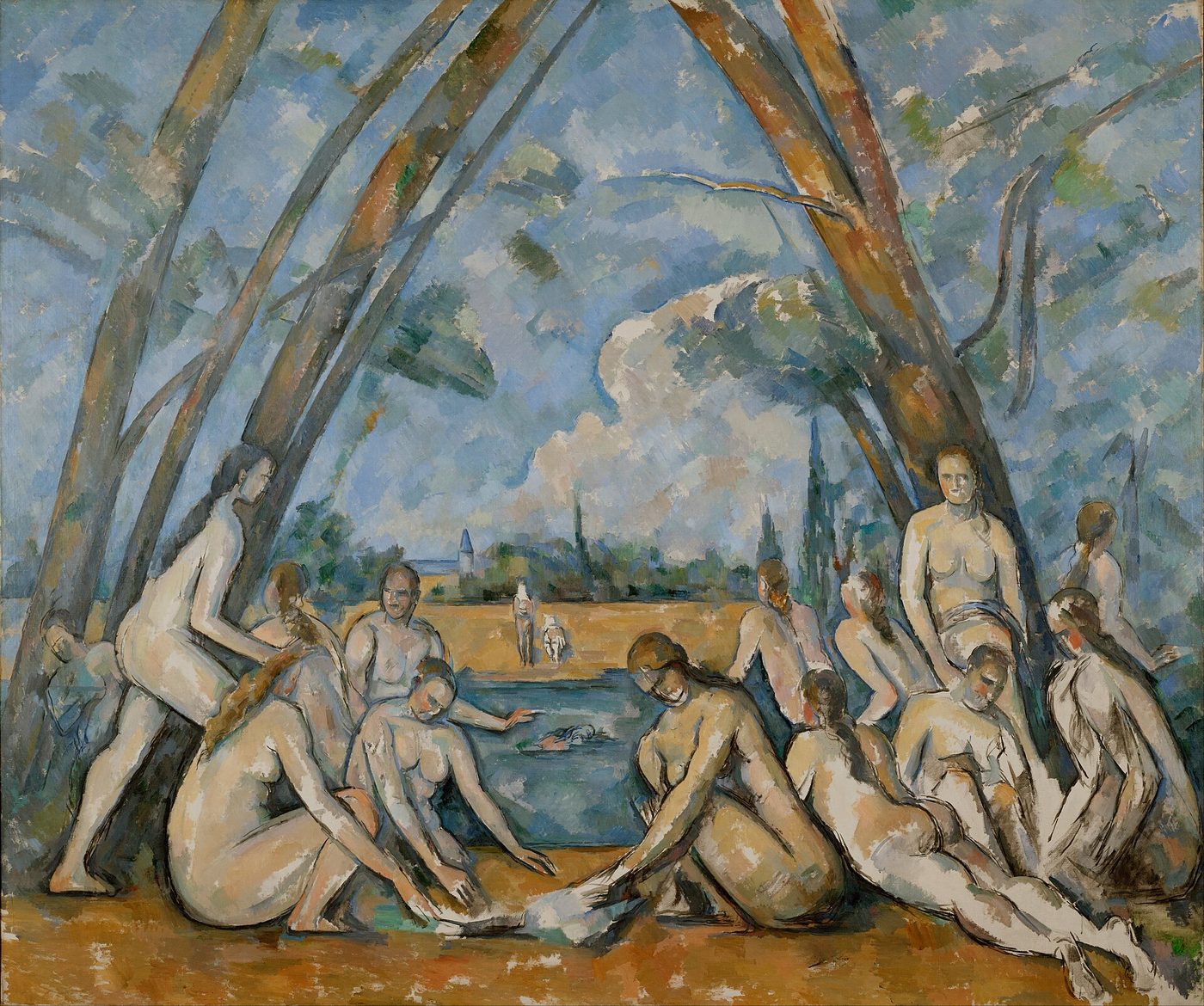 Large painting of nude bathers rendered in simplified blocky forms under tall trees that lean together like an arch, with a blue river and sky behind