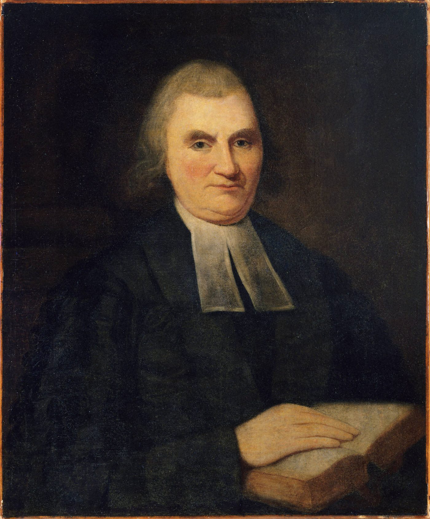 Portrait of John Witherspoon in black clerical robe and white bands, seated, with a gray wig