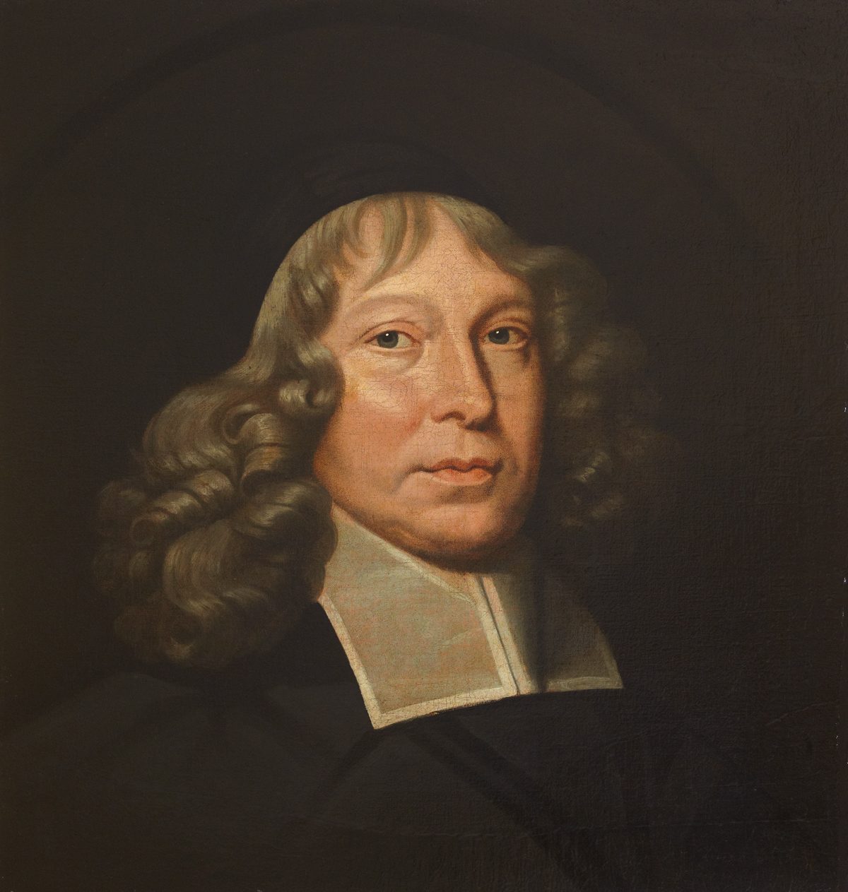 Seventeenth-century oil portrait of a man in dark clothing with a white collar and shoulder-length hair