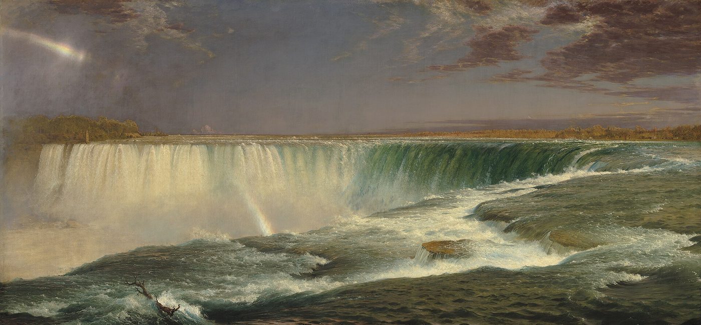 Very wide painting of Niagara Falls seen from the brink, with the green water curving over the edge into mist and a faint rainbow, and no land in the foreground