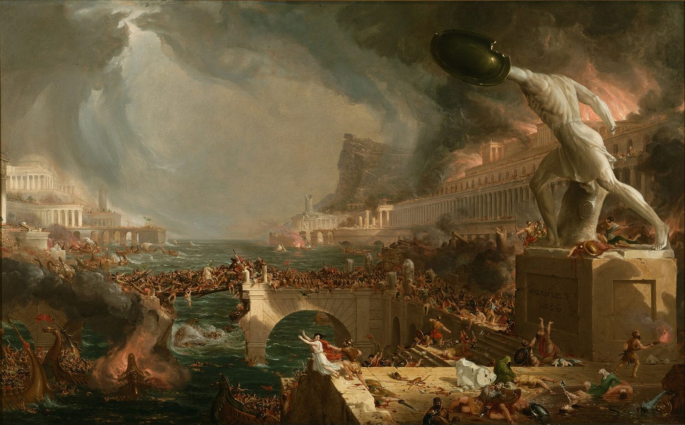 Painting of a burning classical city by a harbor during a storm, with soldiers attacking, people fleeing across a broken bridge and a headless statue of a warrior on the right