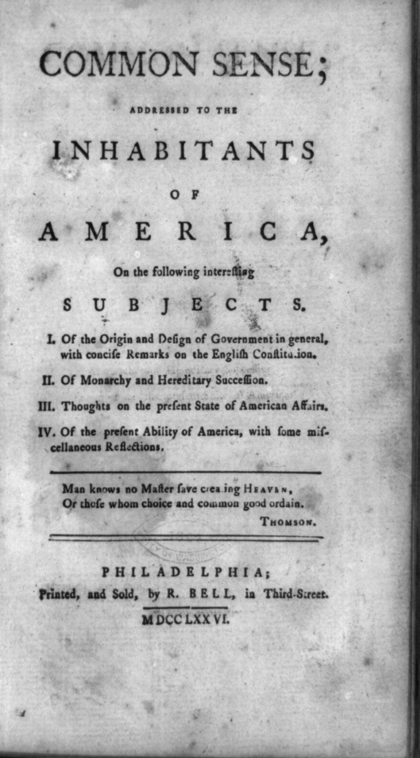 Title page of Common Sense, Addressed to the Inhabitants of America, printed in Philadelphia in 1776