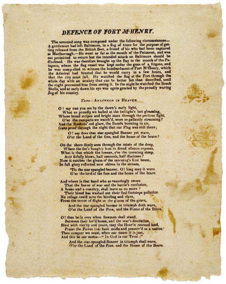 Printed broadside sheet headed Defence of Fort M'Henry, with a paragraph of explanation and the four verses of a poem below