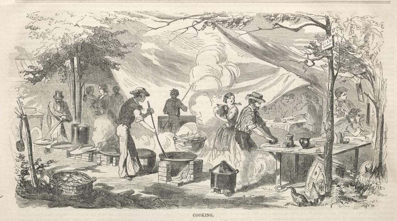 A wood engraving of people at an outdoor camp meeting, gathered around cooking fires and tents among trees