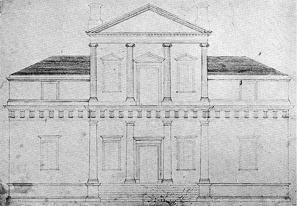 Ink architectural drawing of the front of a two-story house with a columned portico and a triangular pediment