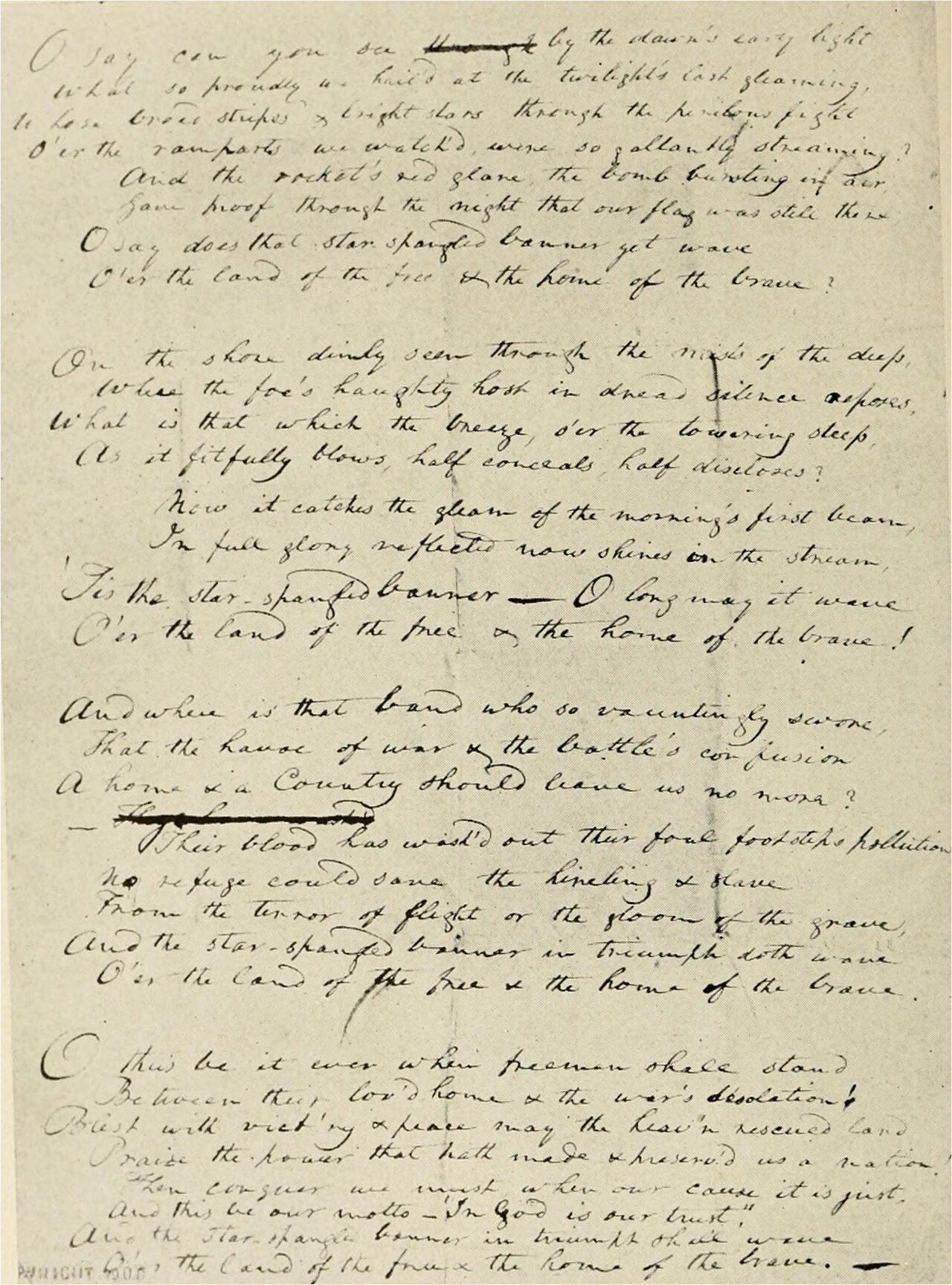 Page of Francis Scott Key's handwritten copy of the poem, in dark ink on aged paper