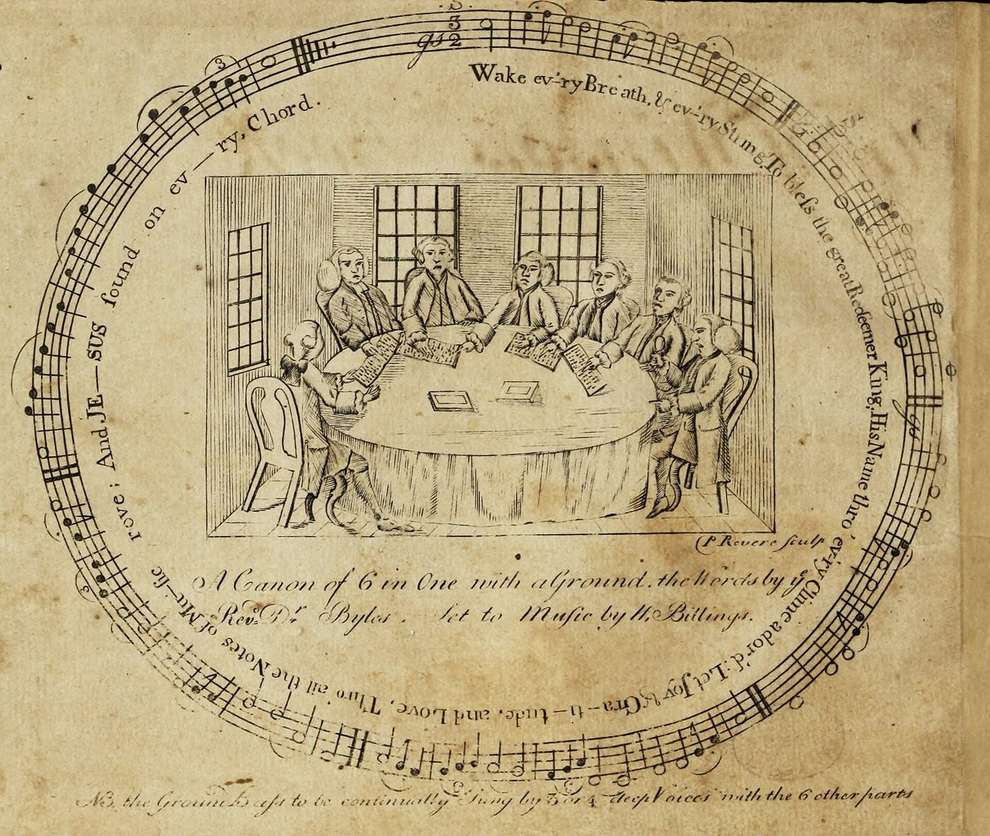 Engraving of seven men seated around a table singing from open books, framed by a circle of written music
