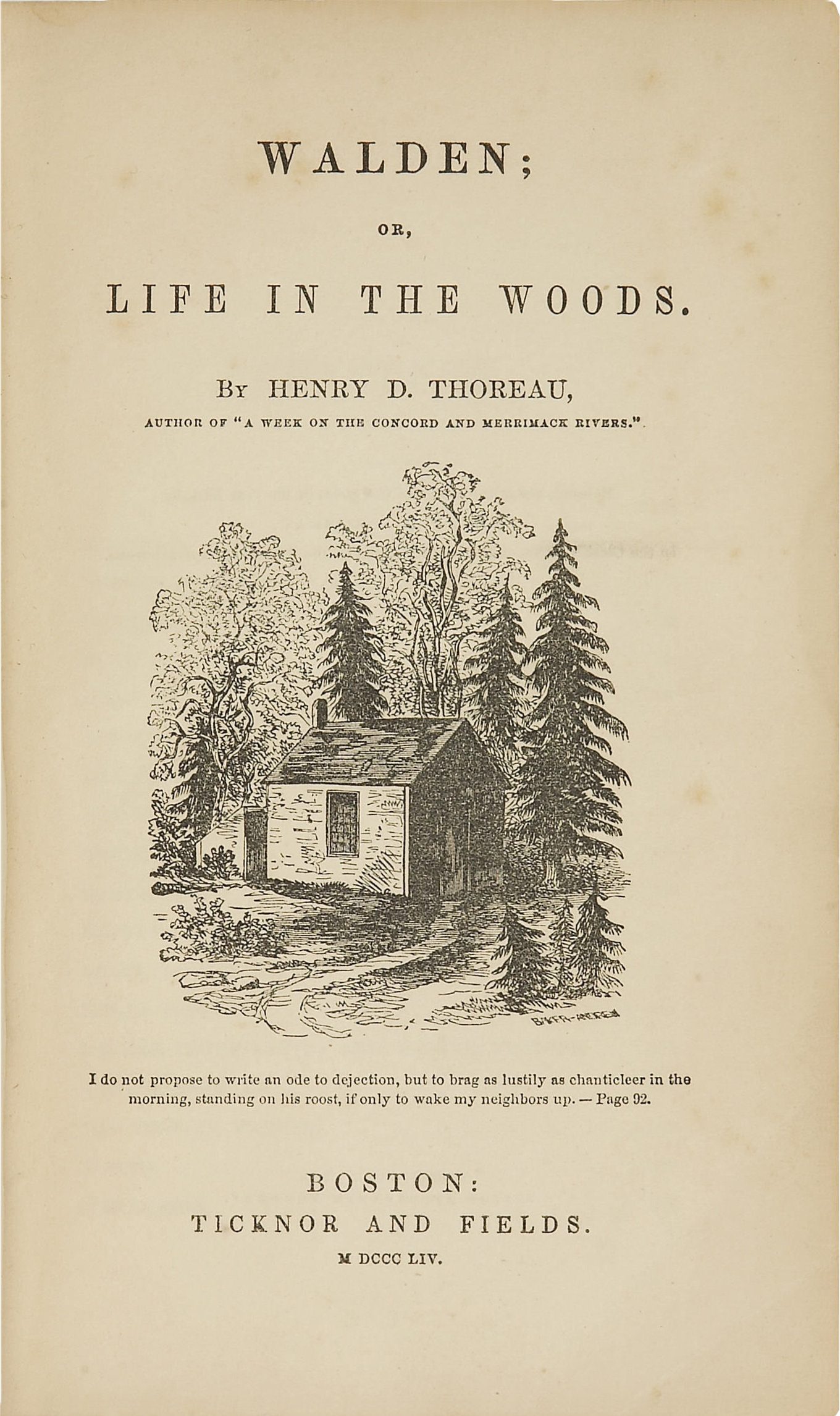 The title page of the first edition of Walden, with a small engraving of Thoreau's cabin among trees above the words Walden; or, Life in the Woods
