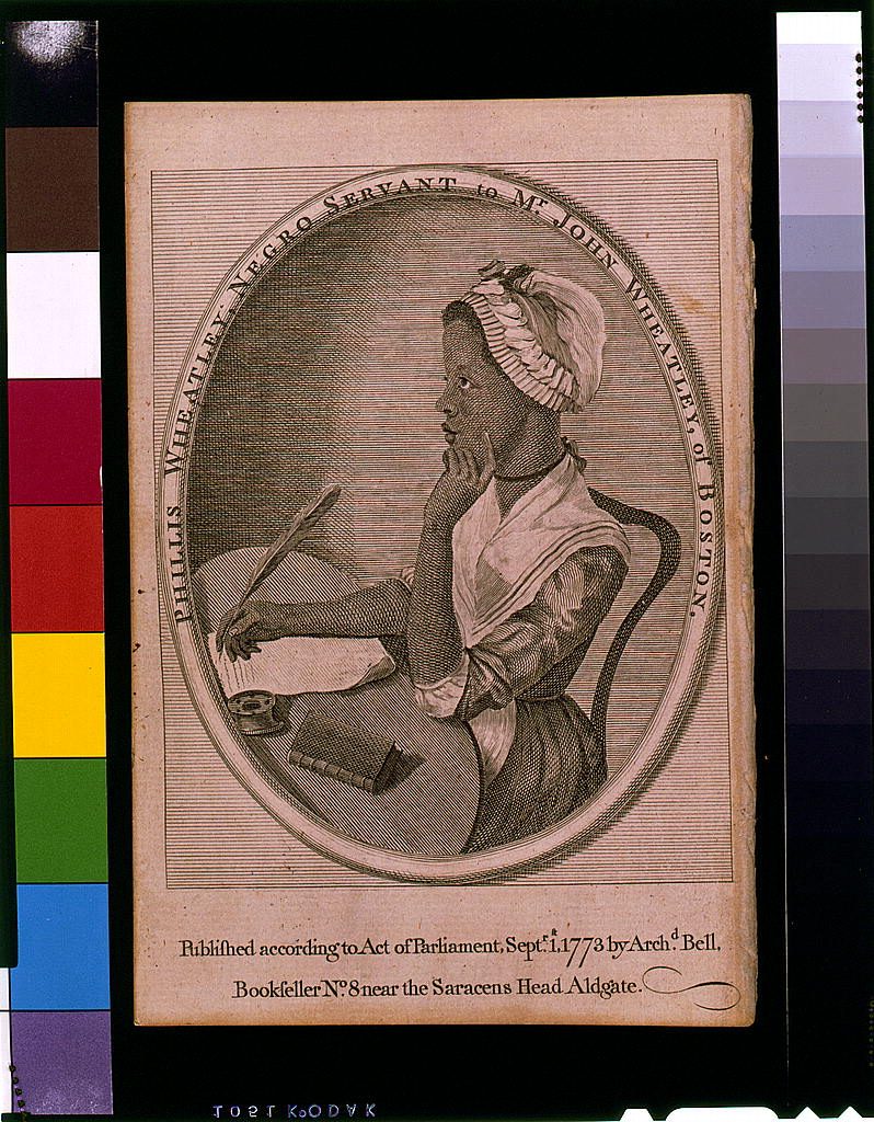 Engraved oval portrait of a young Black woman in a cap, seated at a writing table with a quill pen, her chin resting on her hand