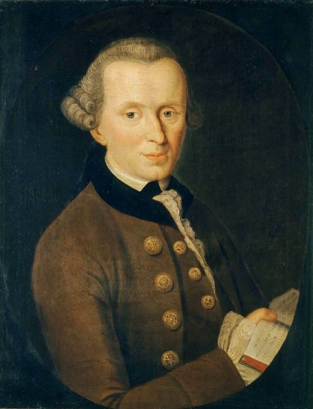 Portrait of Immanuel Kant in his forties, wearing a powdered wig and a brown coat