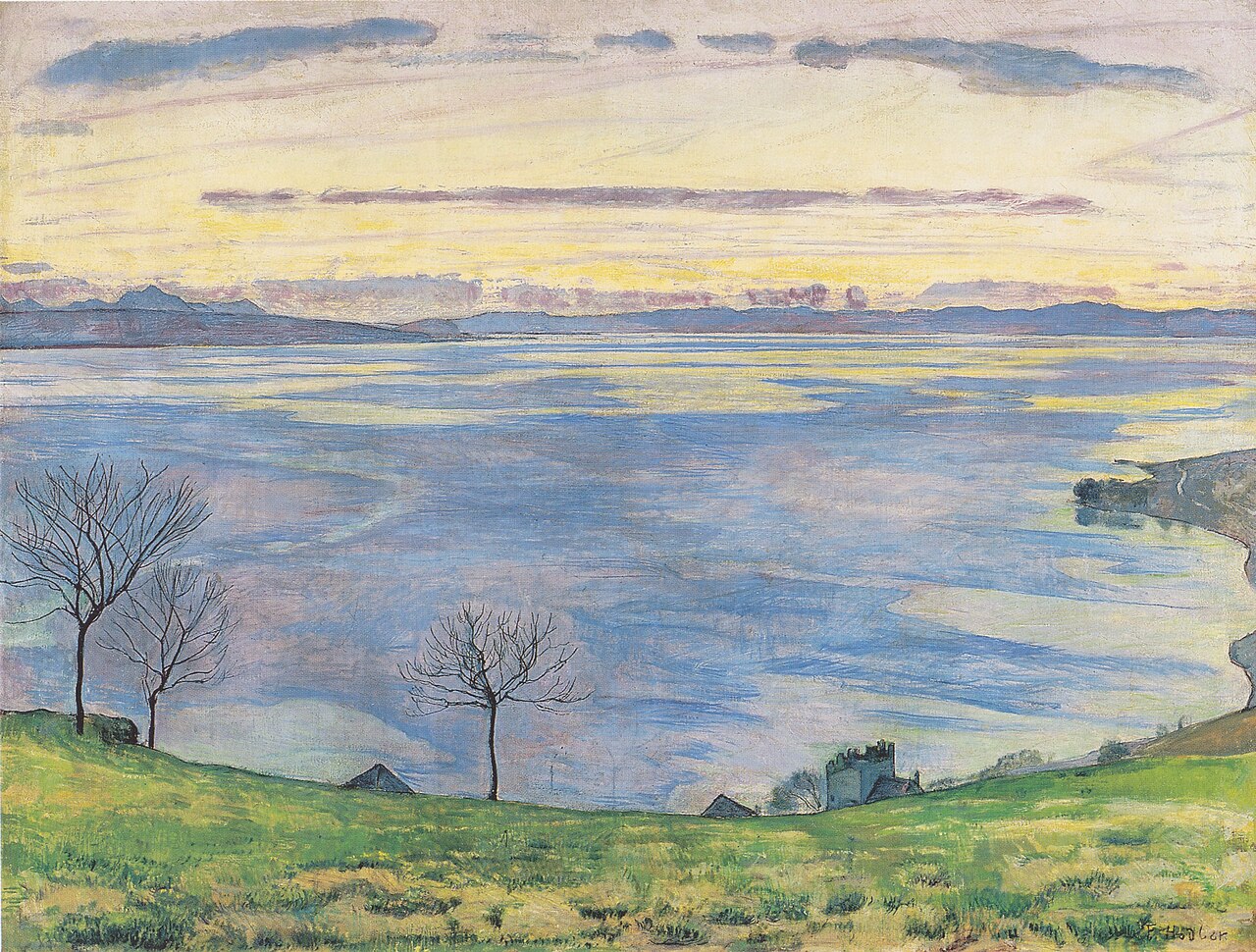 Painting of Lake Geneva at evening seen from the heights above the lake, with mountains in the distance