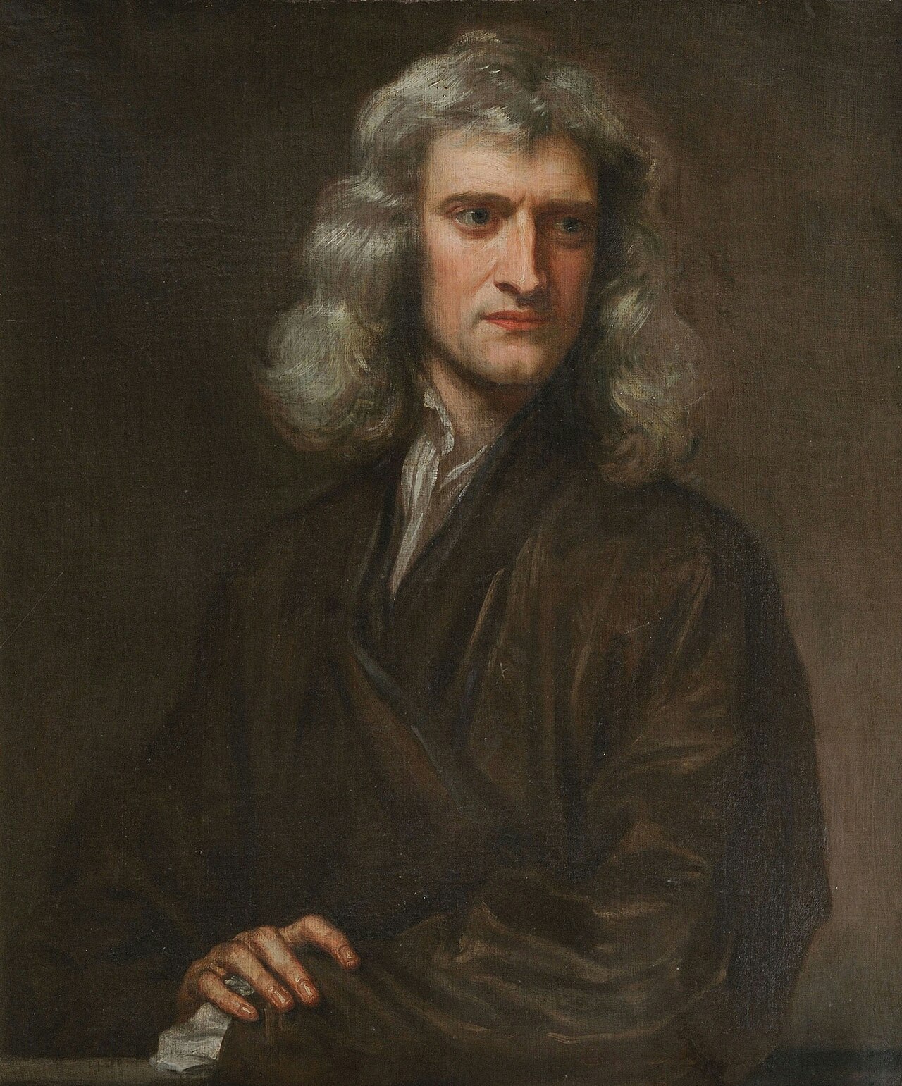 Portrait of Isaac Newton at about age 46, with long hair, in a plain dark coat