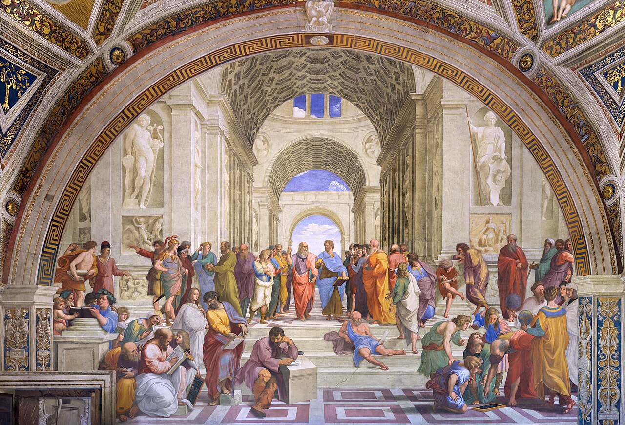 Fresco of many robed philosophers gathered under arches, with two central figures walking toward the viewer