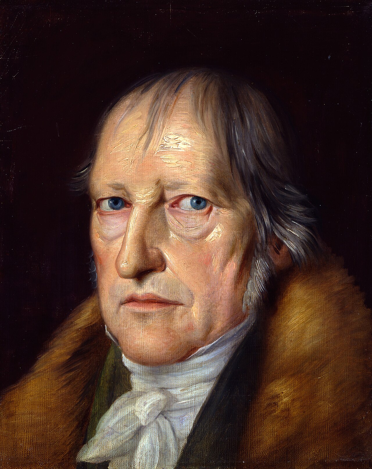 Portrait of Hegel in black academic dress, with long gray hair, seated and looking at the viewer