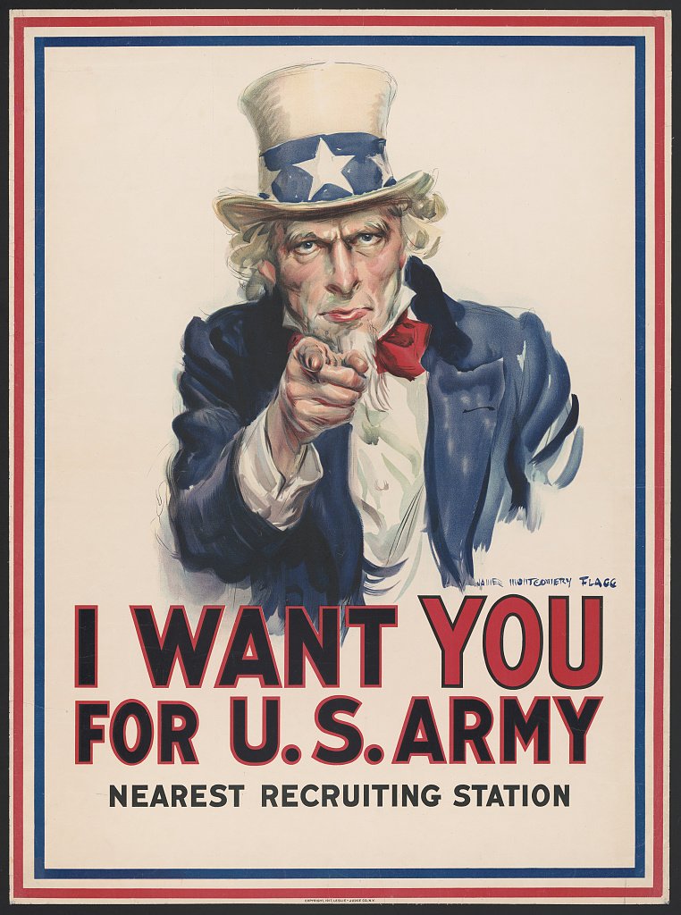 Recruiting poster of Uncle Sam pointing directly at the viewer, with the words I Want You for U.S. Army and Nearest Recruiting Station